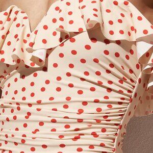 J. Crew Ruched one piece swimsuit with ruffles in red dot